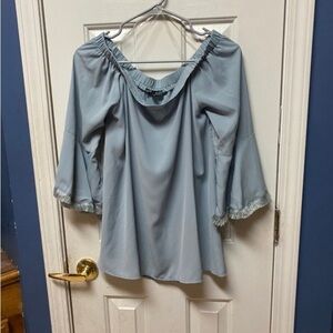 TCEC Ciara Fringe Off Shoulder Blouse bell sleeve light blue gray casual top L